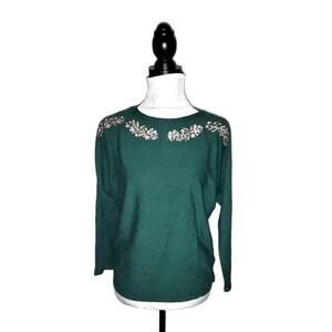 LIV Milano Jeweled Sweater Emerald Green Embellished Neckline Size Large